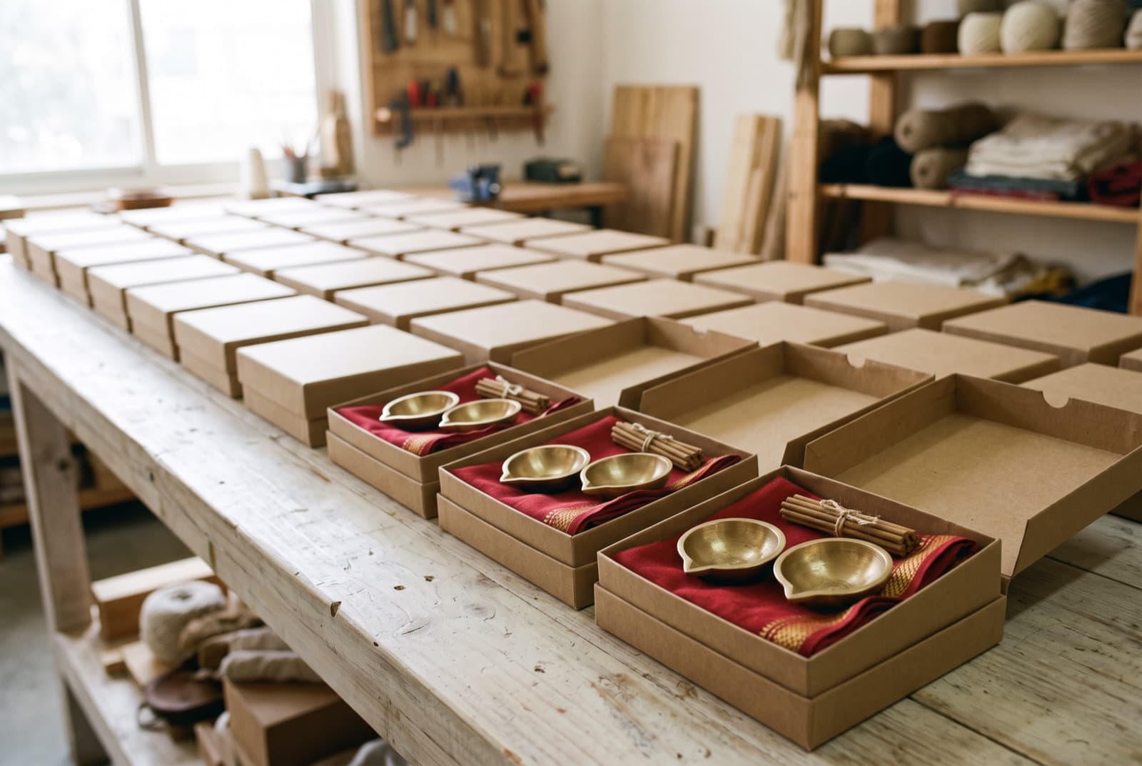 Rows of open kraft festive kit boxes on a workshop table, each holding brass diyas on red gold-bordered cloth with bundles of incense