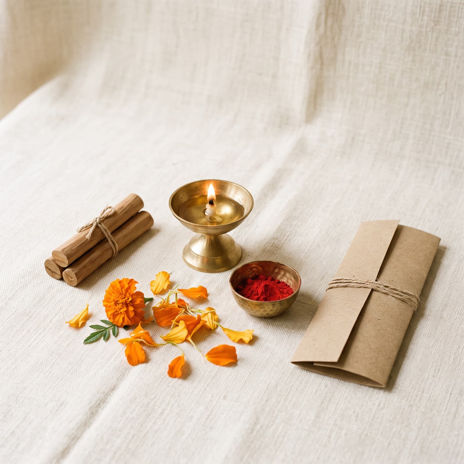 A monthly ritual set laid out on ivory linen: a kraft box with refill pouches, incense sticks, cotton wicks, a brass diya and a brass bell