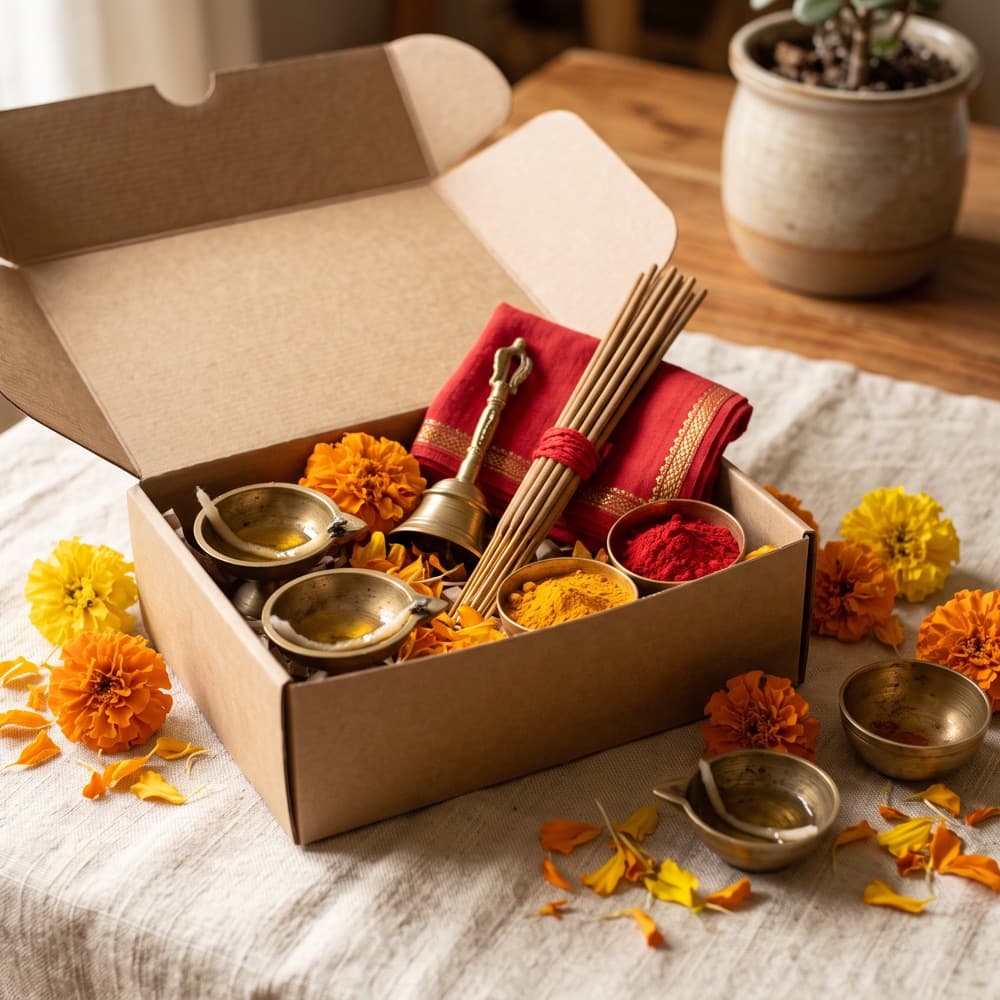 An open kraft pooja kit box holding brass diyas, a bell, incense sticks, kumkum and turmeric on red cloth