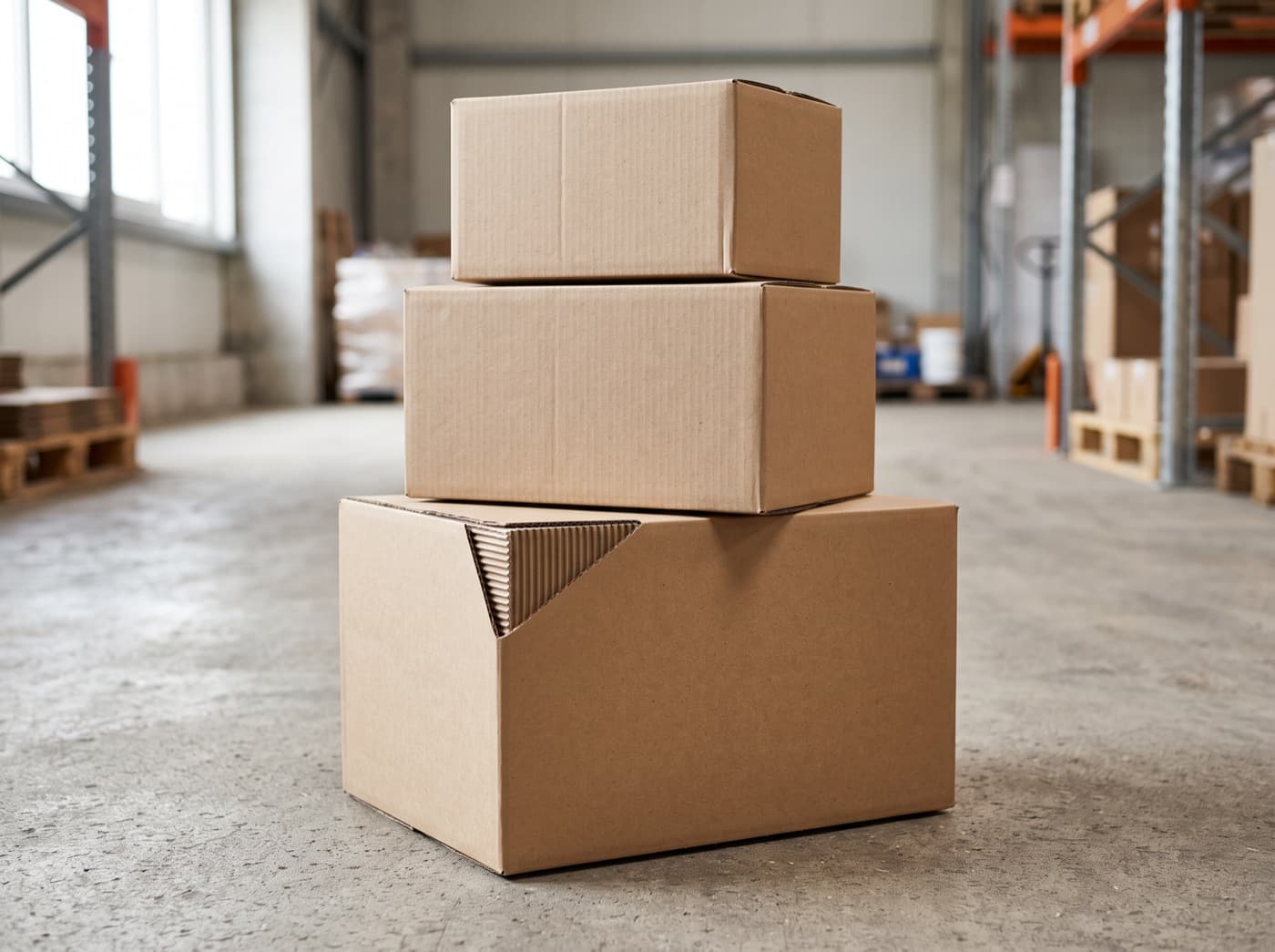 Three plain corrugated cartons stacked in a warehouse, the exposed fluting visible along the cut edge of the top box.