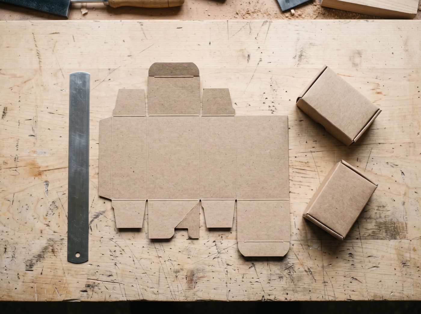 A flat kraft die-line blank laid out beside two folded prototypes and a steel ruler on a work surface.