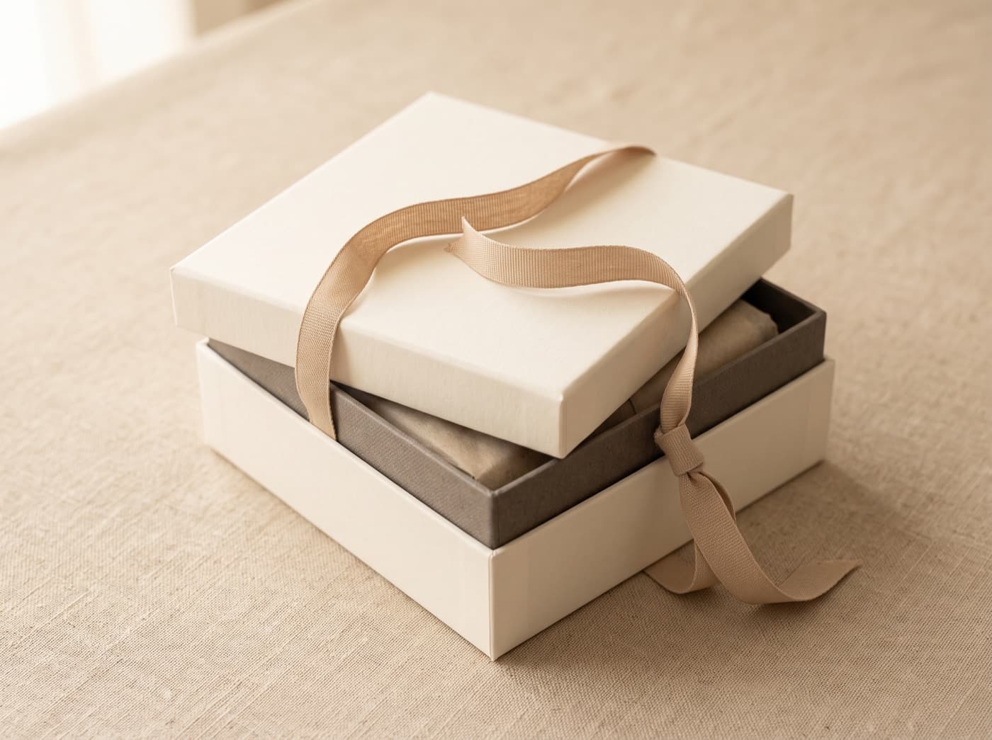 An ivory rigid gift box with its lid set beside it and a grosgrain ribbon trailing across the surface.