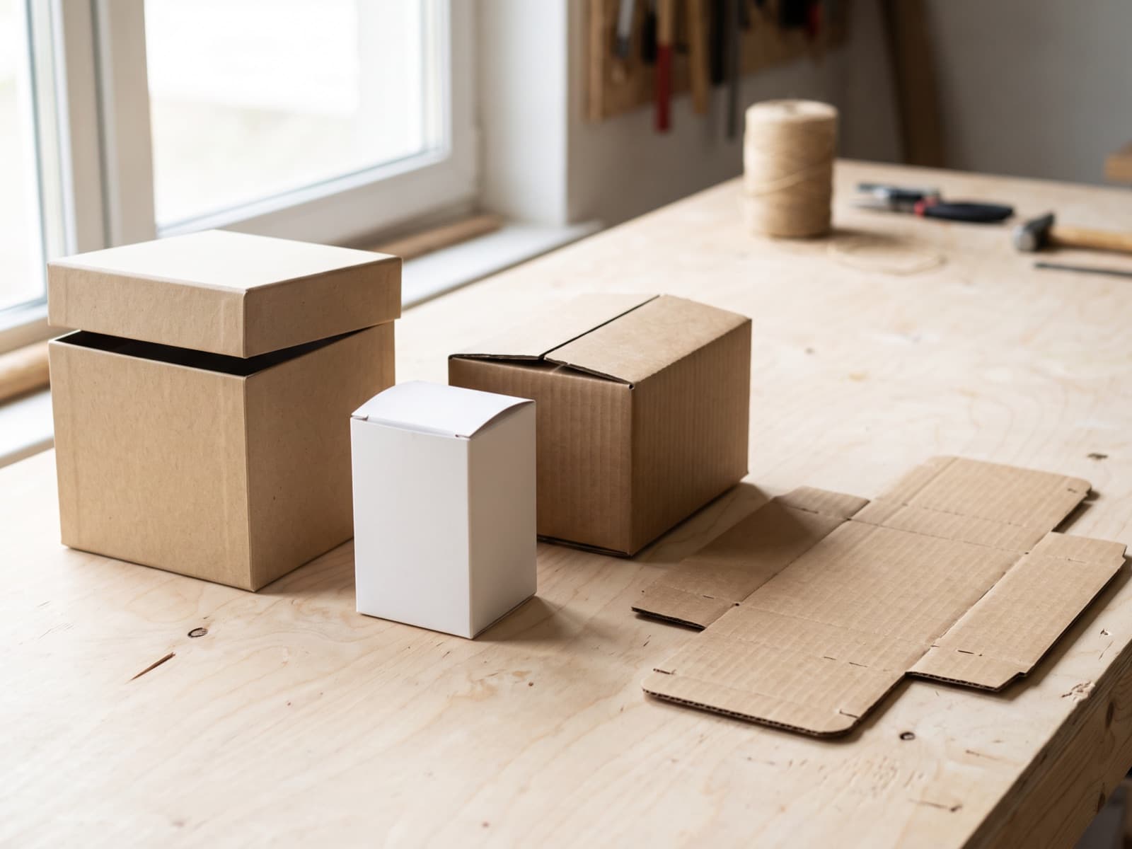 A rigid lidded gift box, a white retail carton, a corrugated shipping carton and a flat die-cut blank laid out on a workbench