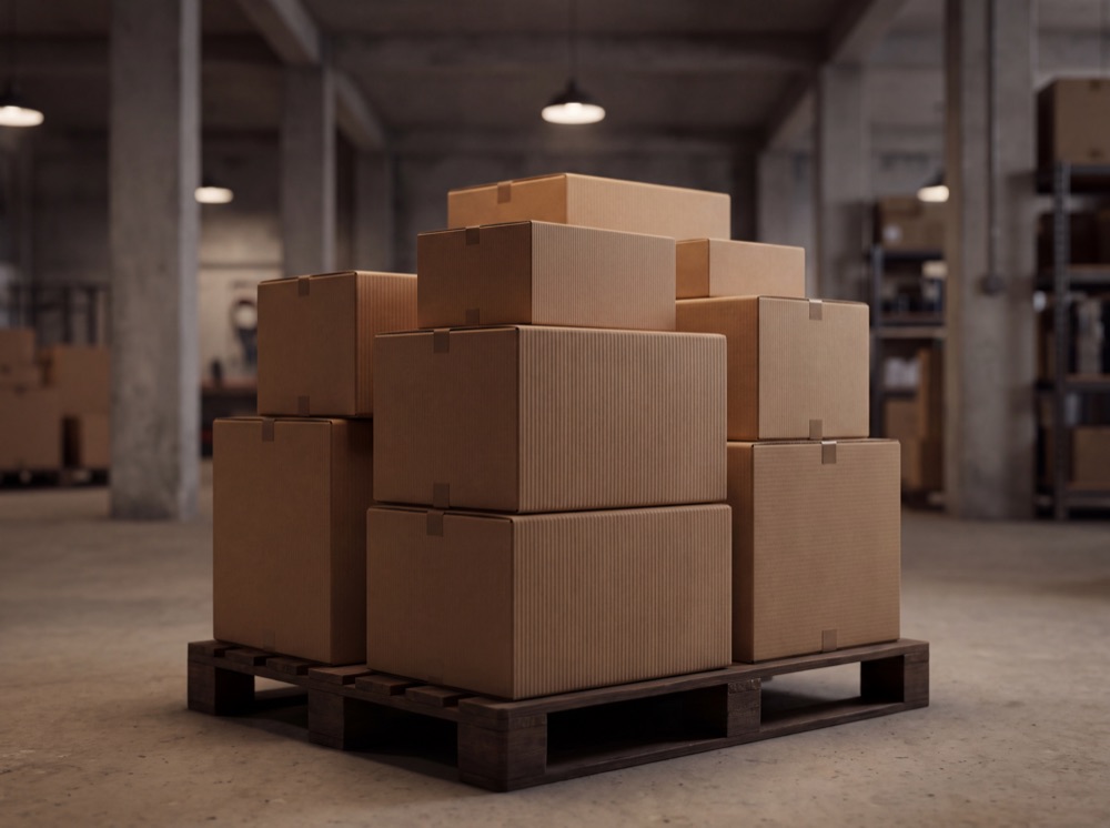 Neat stack of plain corrugated carton boxes on a pallet in a warehouse aisle.