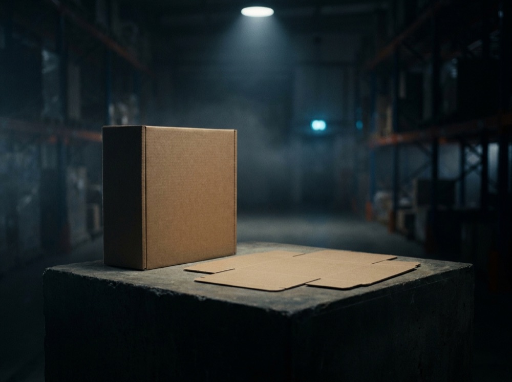 Plain kraft box standing beside its own unfolded die-line pattern.