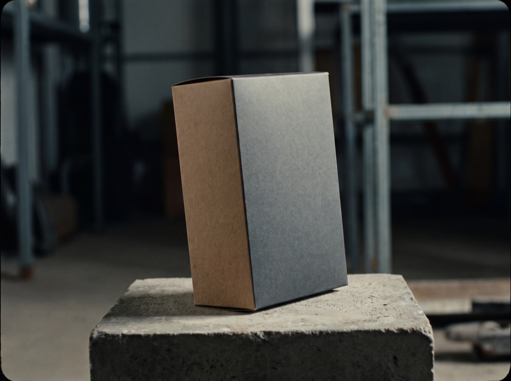 Slim two-tone rigid product box standing upright on a concrete block.